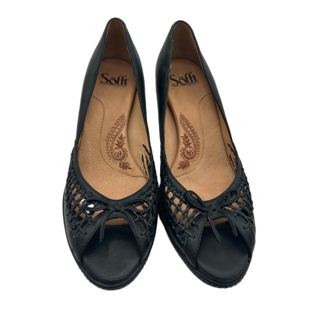 Sofft Peep Toe Pumps Women's Size 7.5 M Black Leather Woven Bow Heels Timeless